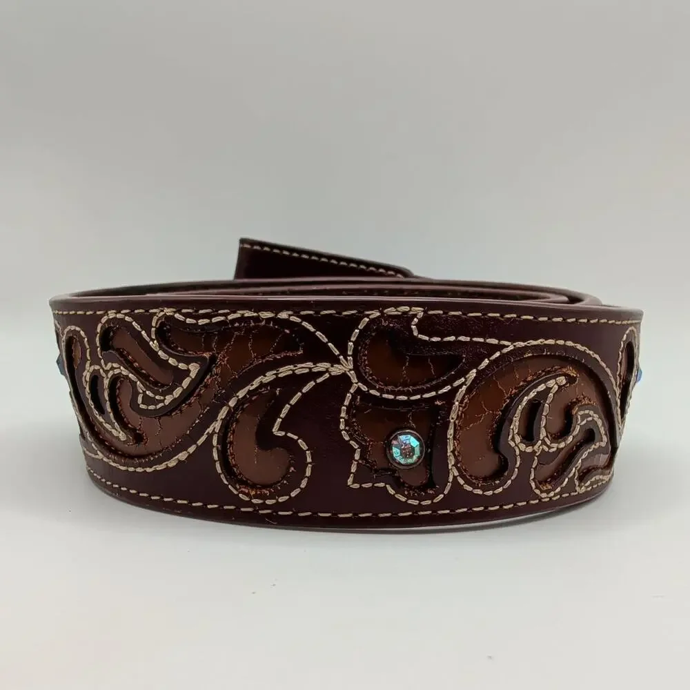 Brown Leather Belt Medium Western Tooled Rhinestone Studded Cowgirl Boho Rodeo